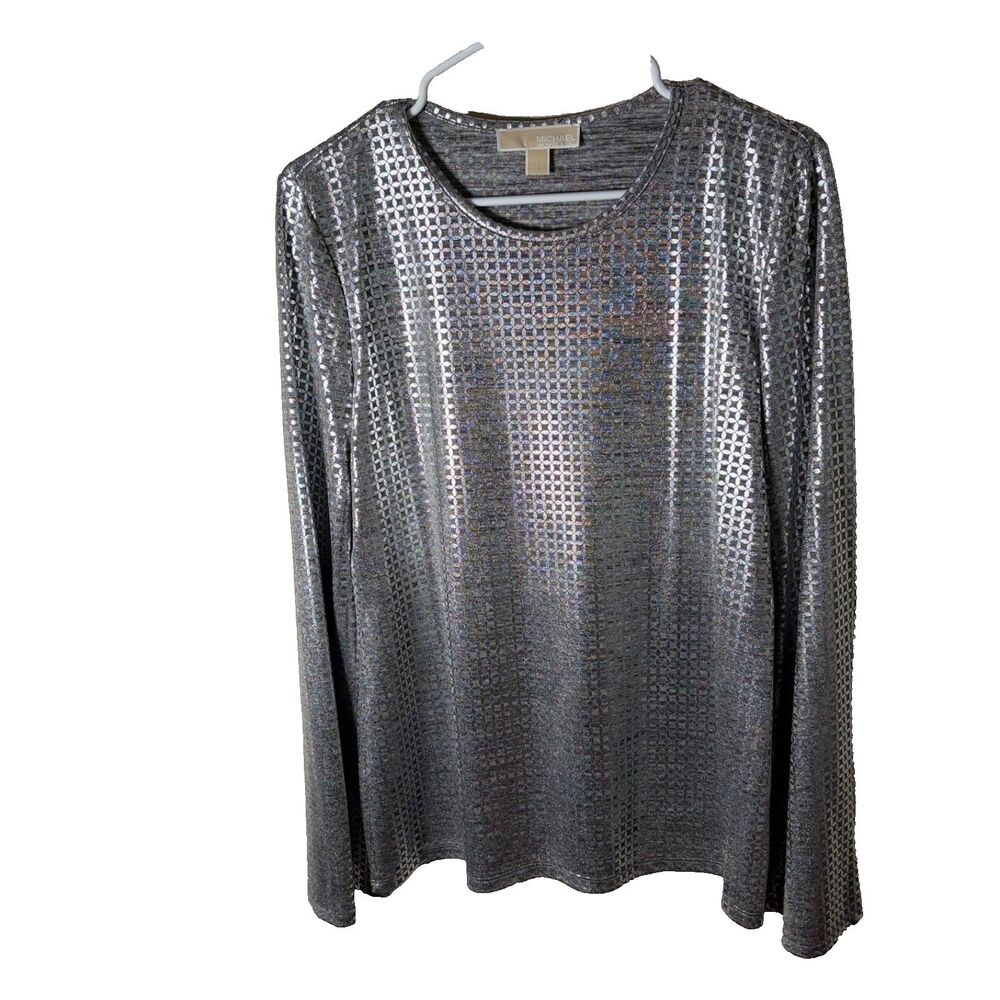 Michaels Kors T-Shirt Women's Large Gray Metallic Long Sleeve Crew Neck Top